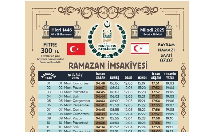 Ramazan 1 Mart Cumartesi günü başlayacak… KKTC Din İşleri Başkanlığı bu yıl fitre miktarını 300 TL olarak belirledi